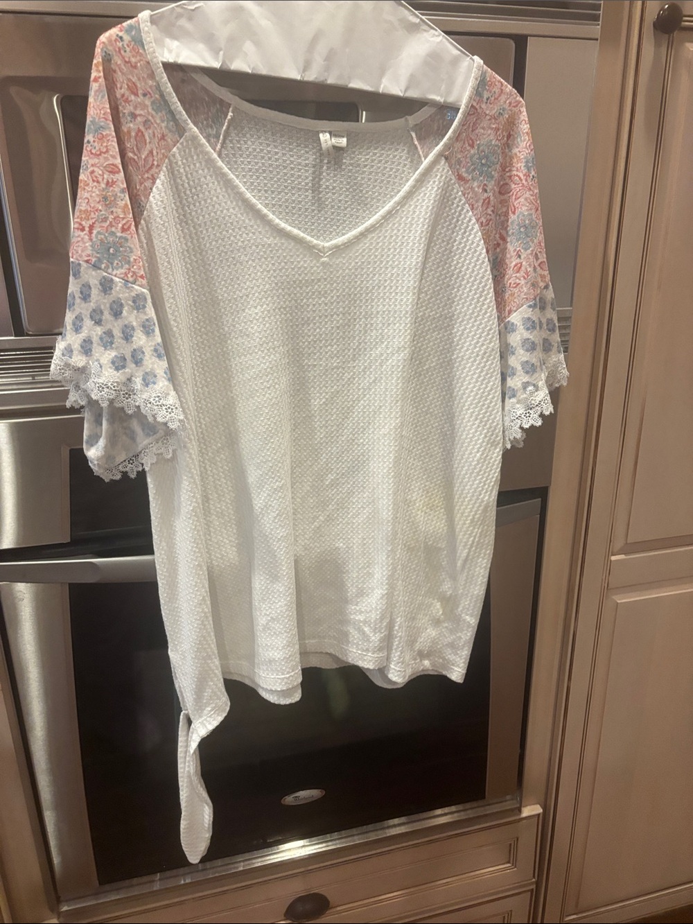 Cato White Knit Top with Pink & Blue Floral Raglan Sleeves